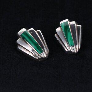 VINTAGE STERLING SILVER MEXICO 925 GREEN MALACHITE CLIP BACK EARRINGS, TM-213
